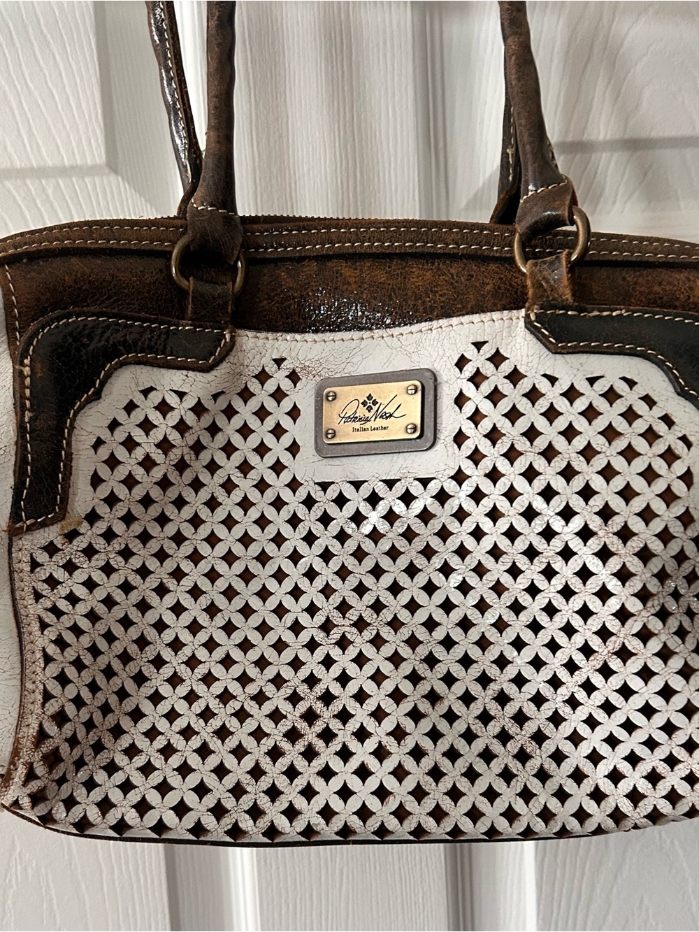 Patricia Nash White Woven Front with Brown Leather Trim Tote